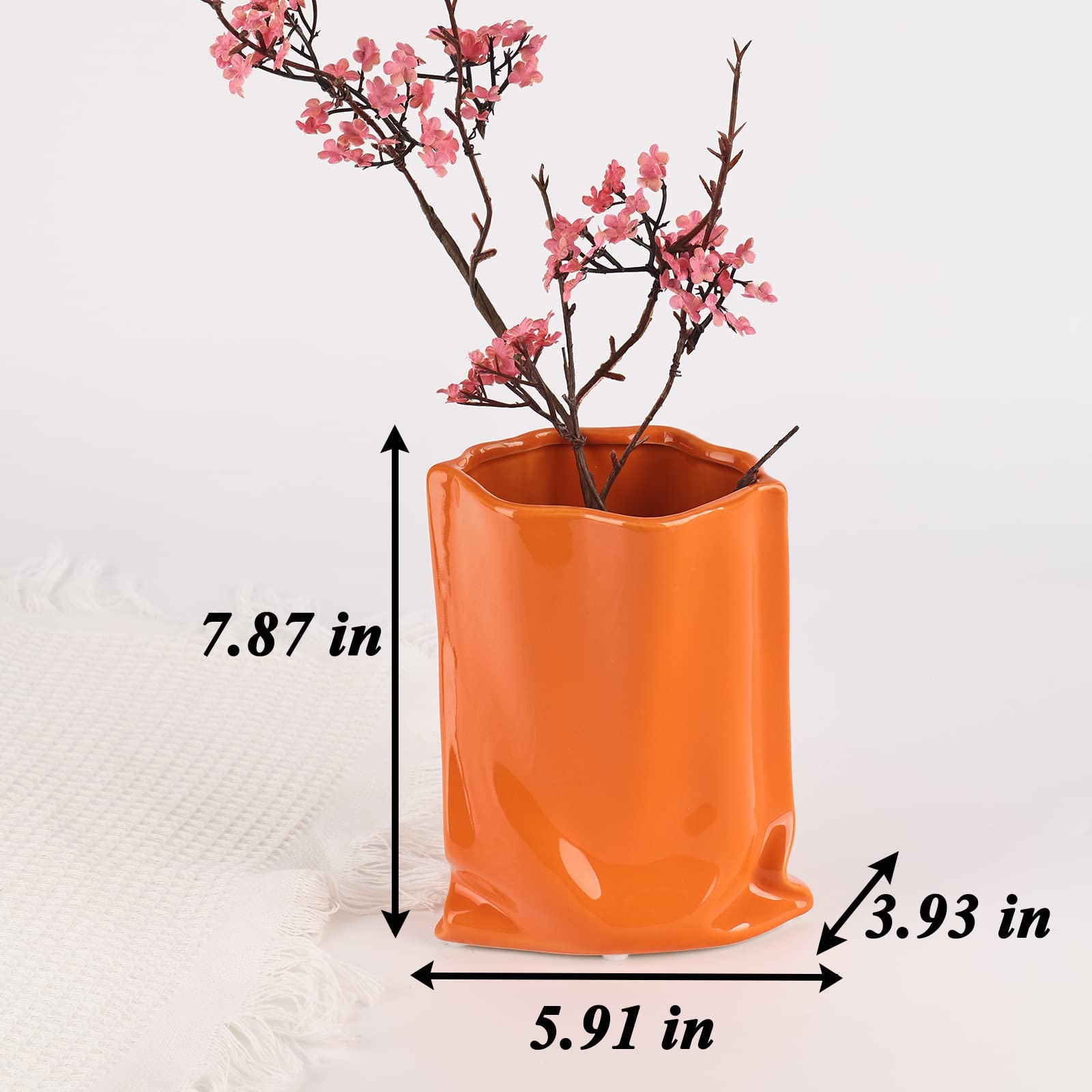 Orange Vases for Decor Bag Flower Vase Orange Flower Vase Wide Mouth Ceramic Vase Creative Handmade Pleated Cloth Bag Flowers Vase for Home Decor, Office, Mantel, Porch, Wedding Centerpiece (Orange-S)