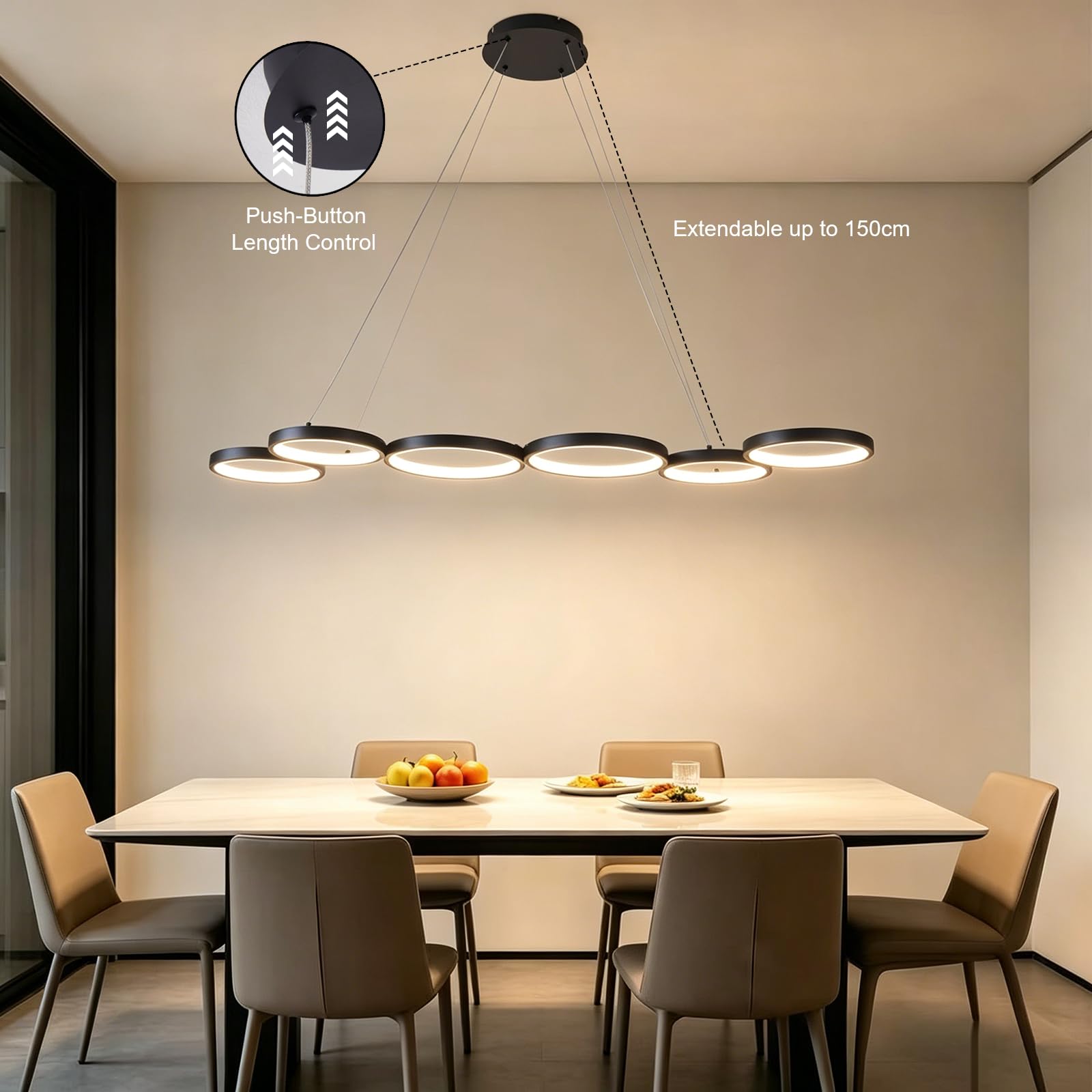 Lampada a Sospensione LED Dimmerabile 113cm 69W Nero | Lampadario Moderno Design a 6 Anelli con Telecomando, Altezza Regolabile Lampada Sospesa per Tavolo da Pranzo, Soggiorno