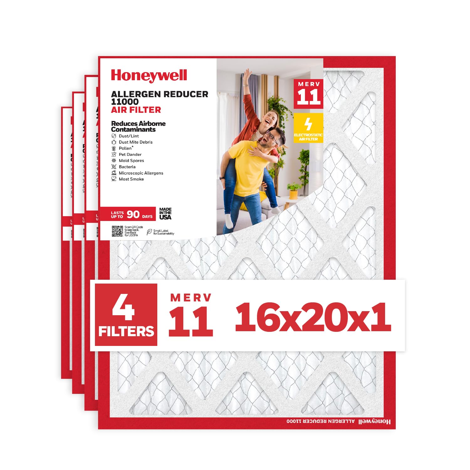 honeywell 16x20x1 merv 11 allergen reducer 11000 electrostatic pleated hvac ac furnace air filter (4-pack) | replacement filter for home use | made in usa