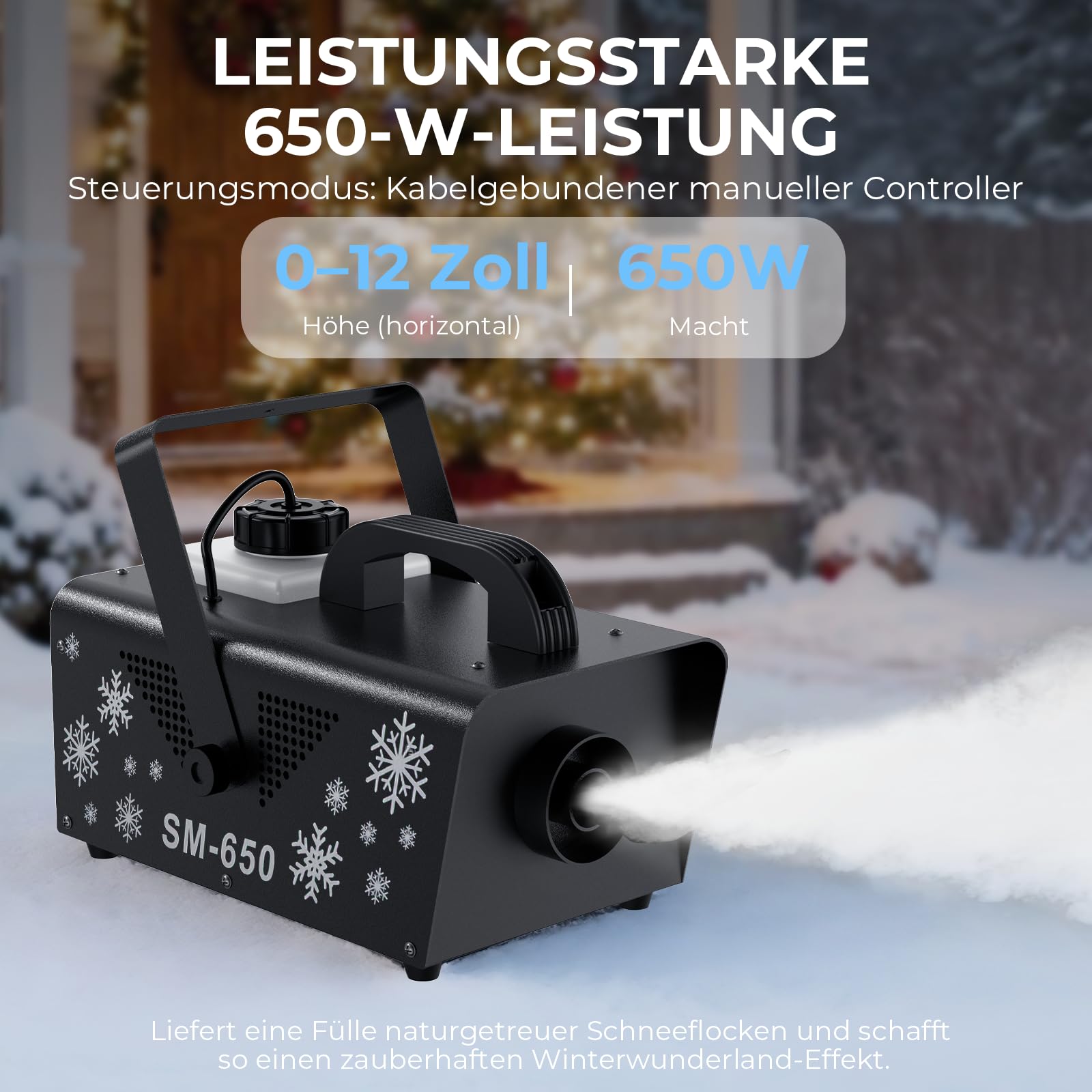 Kunstschneemaschine 600 Watt mit Fernbedienung – Schneekanone für drinnen und draußen mit 6 LED-Leuchten – Ideales Winter- und Partyschneegerät