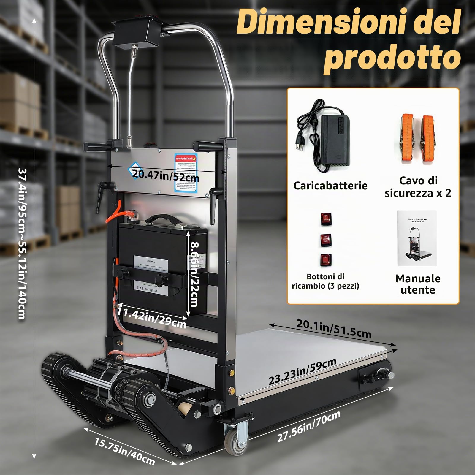 Carrello saliscale elettrico da 1200 W con catene migliorate e ripiano regolabile in altezza, batteria al litio, fino a 400 kg con corda di sicurezza, saliscale per carichi pesanti per magazzino e