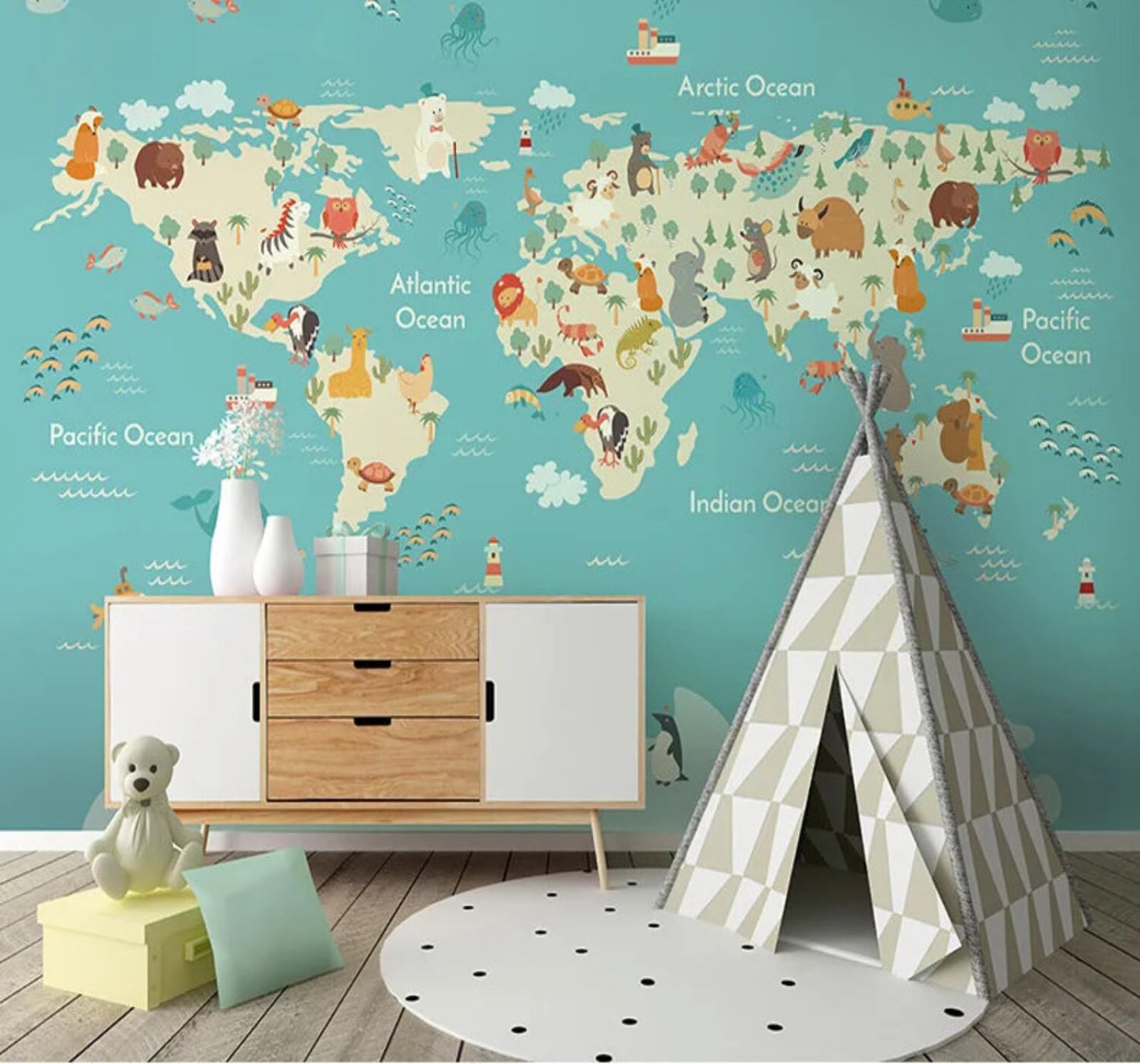 Tzxztt Cartoon Fresh World Map Animals Personalised Modern 3D Wallpaper Premium Textured Silk Neutral Tones Material Ideal for Living Room Bedroom-400cm×280cm