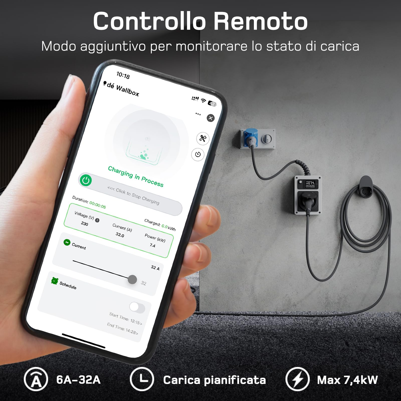 dé Mobile Wallbox 7,4kW 32A con App, Colonnina Ricarica Auto Elettrica, Stazione di Ricarica 7,4kW con Contatore Elettrico e Scheda RFID, per e-208 e Altri EV e PHEV