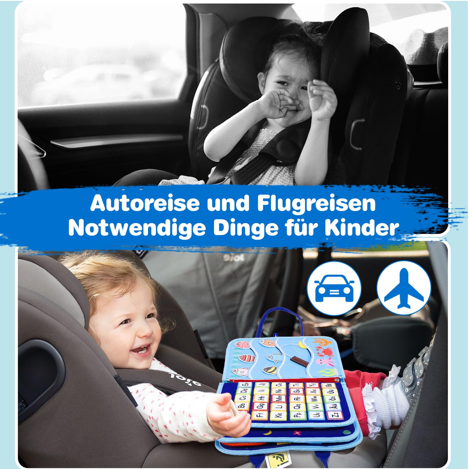 JHkim Busy Board Deutsch Montessori Spielzeug ab 1 2 3 4 Jahre, Geschenk für Jungen & Mädchen, Kinder Lernspielzeug Activity Busy Book, Motorikspielzeug Motorikbrett für Reise/Auto/Flugzeug