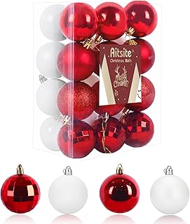 Christmas Baubles, 24 Pcs Xmas Baubles Christmas Decorations 6cm Hanging Christmas Balls Shatterproof Christmas Ornaments for Christmas Tree Home Festival Decoration(White and Red)