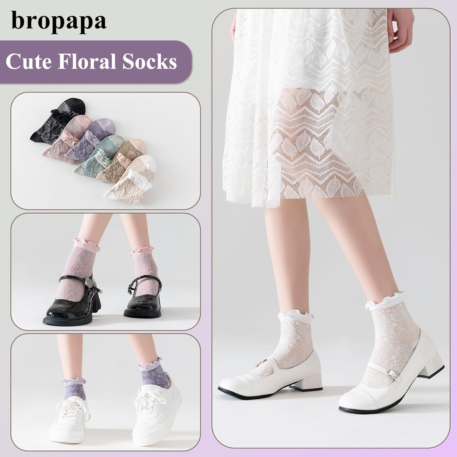 Women's Ankle Socks,Ruffle Cuff,Cute Vintage Patterned,Casual Dress Sock,Princess Lettuce Floral Socks 6Pack - Image 5