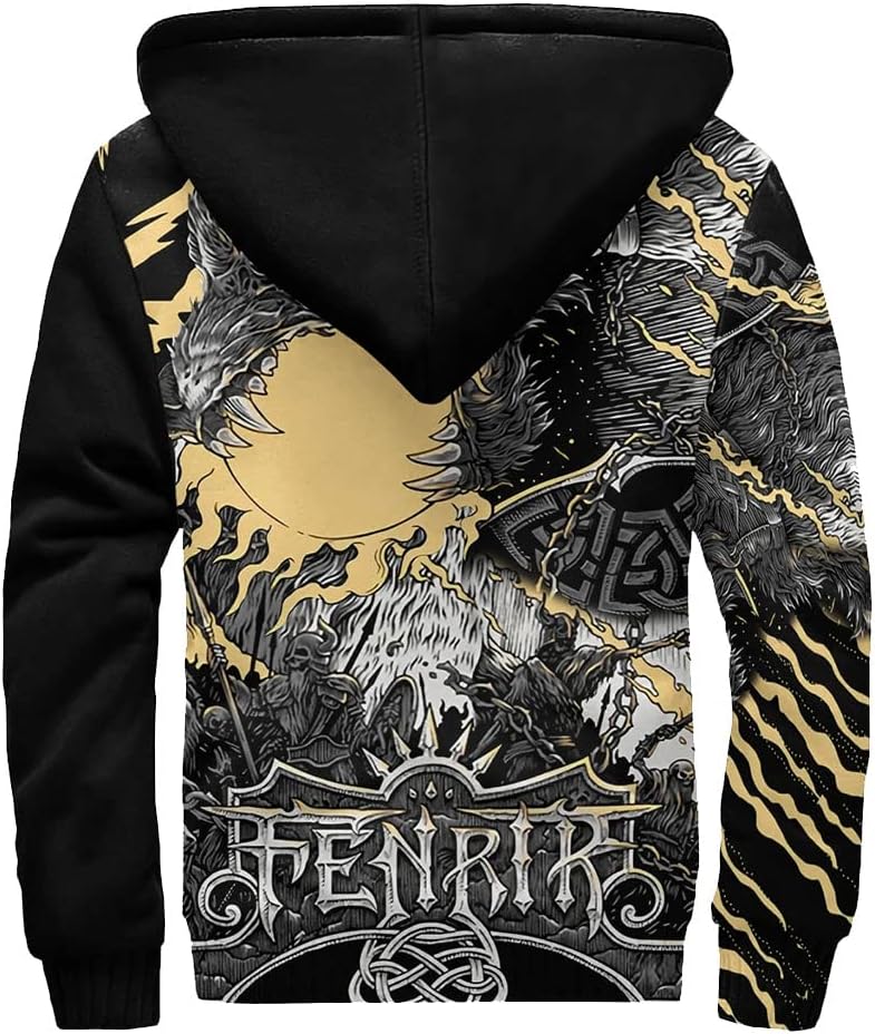 Viking Men's Winter Warm Cotton Overcoat Fenrir Wolf Tattoo 3D Printed Casual Zip Street Jacket Novelty Parka Coat
