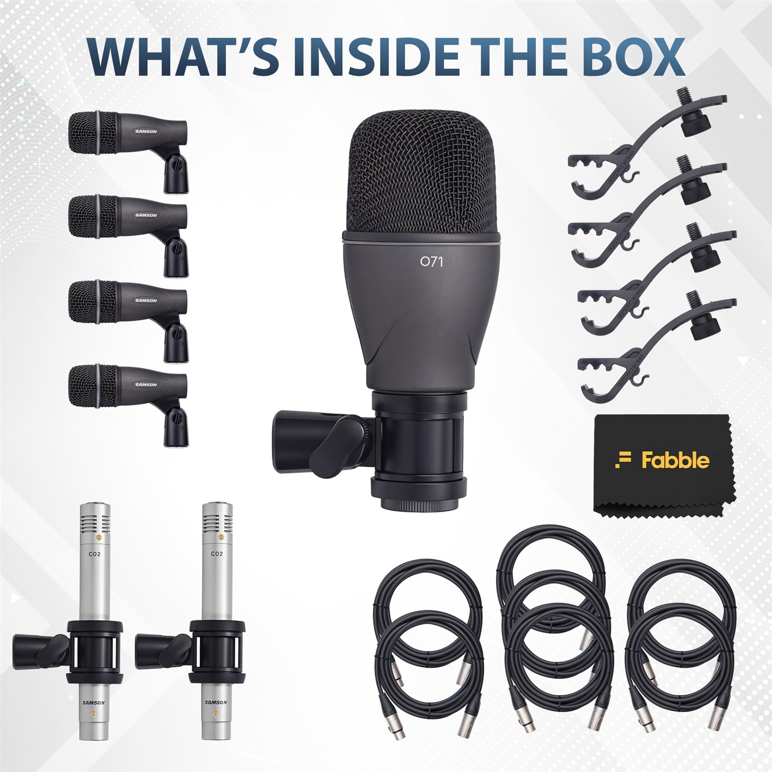 SAMSON DK707 7-Piece Drum Microphone Kit Bundle with 7 Premium 10-Foot XLR Cables, Swivel Mic Adapters, Rim Clips, Hardshell Carrying Case, and Microfiber Instrument Care Cloth