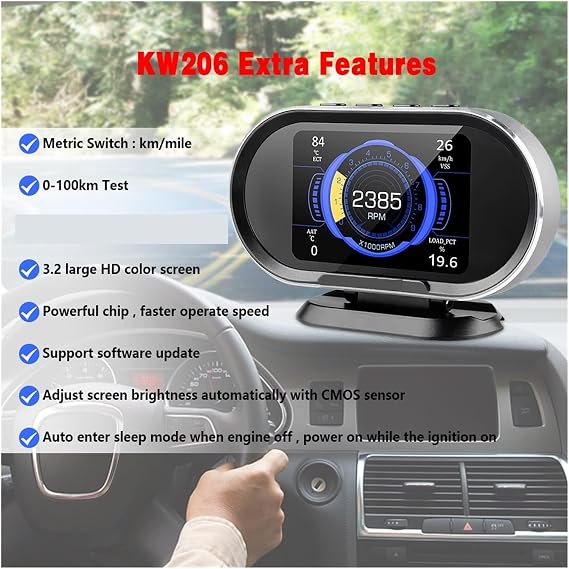 KW206 Head Up Display Computer Scanner OBD2 Car On-Board Real-time Data OBD 2 Clear Trouble Code Water Temperature Gauge for All Vehicle
