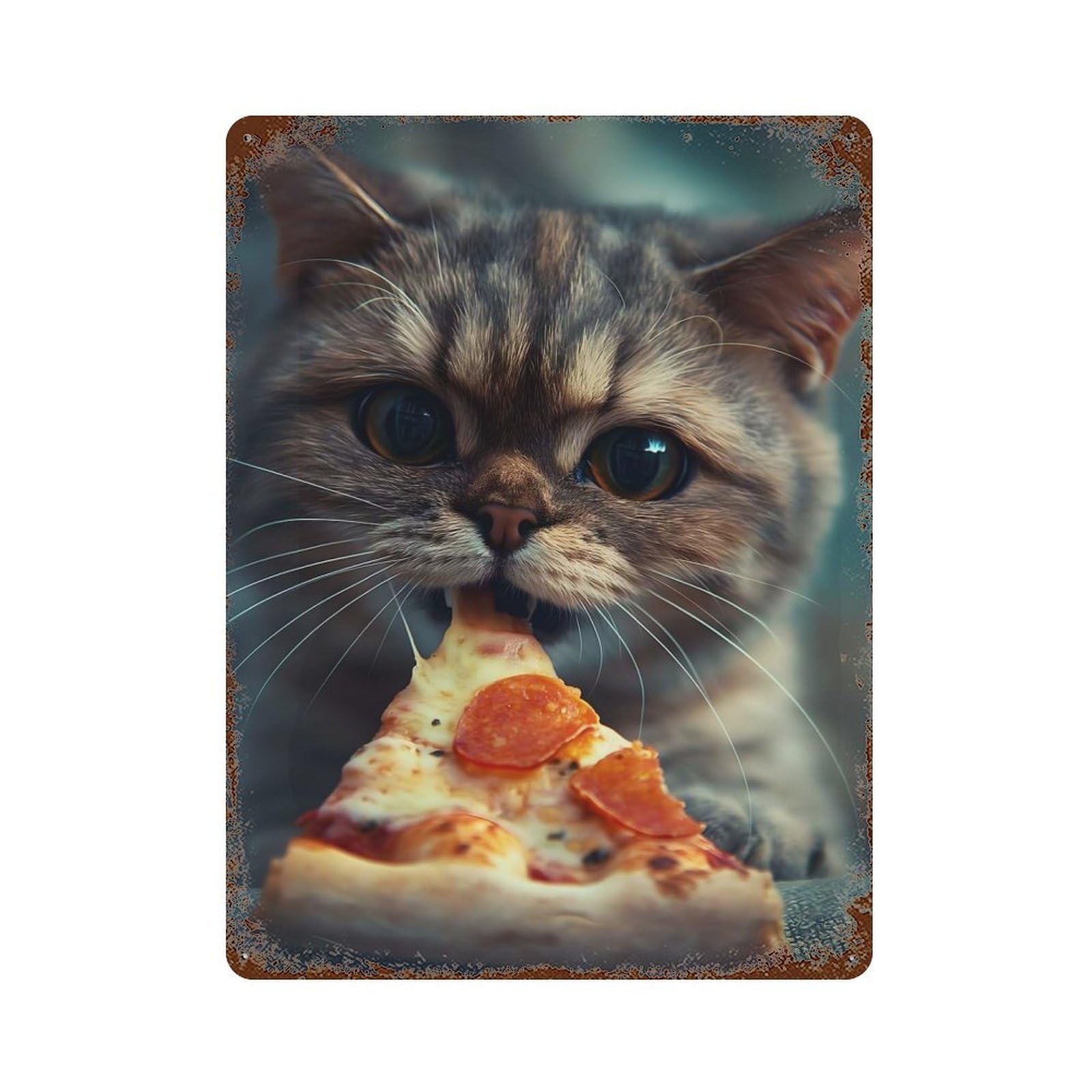 Cute Pizza Kitty Cat Vintage Rust Metal Sign 15.7"x11.8", Farmhouse Wall Decor for Garage, Pub Or Kitchen