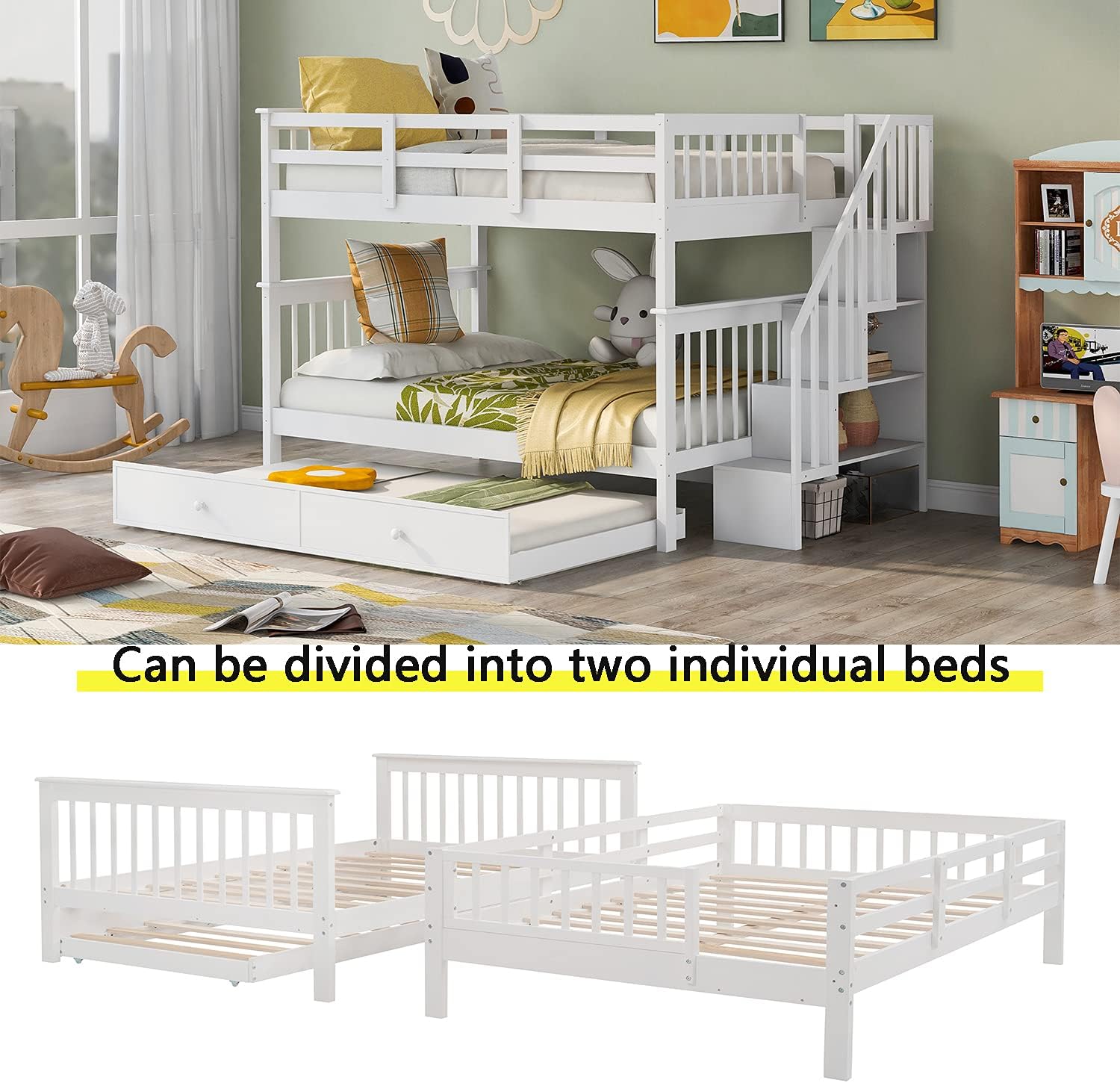 Bellemave Full Over Bunk Beds with Stairs and Trundle Wood Bed Frame Staircase Storage Shelves for Kids Teens Adult, Detachable Stairway Bunkbed Boys Girls, White