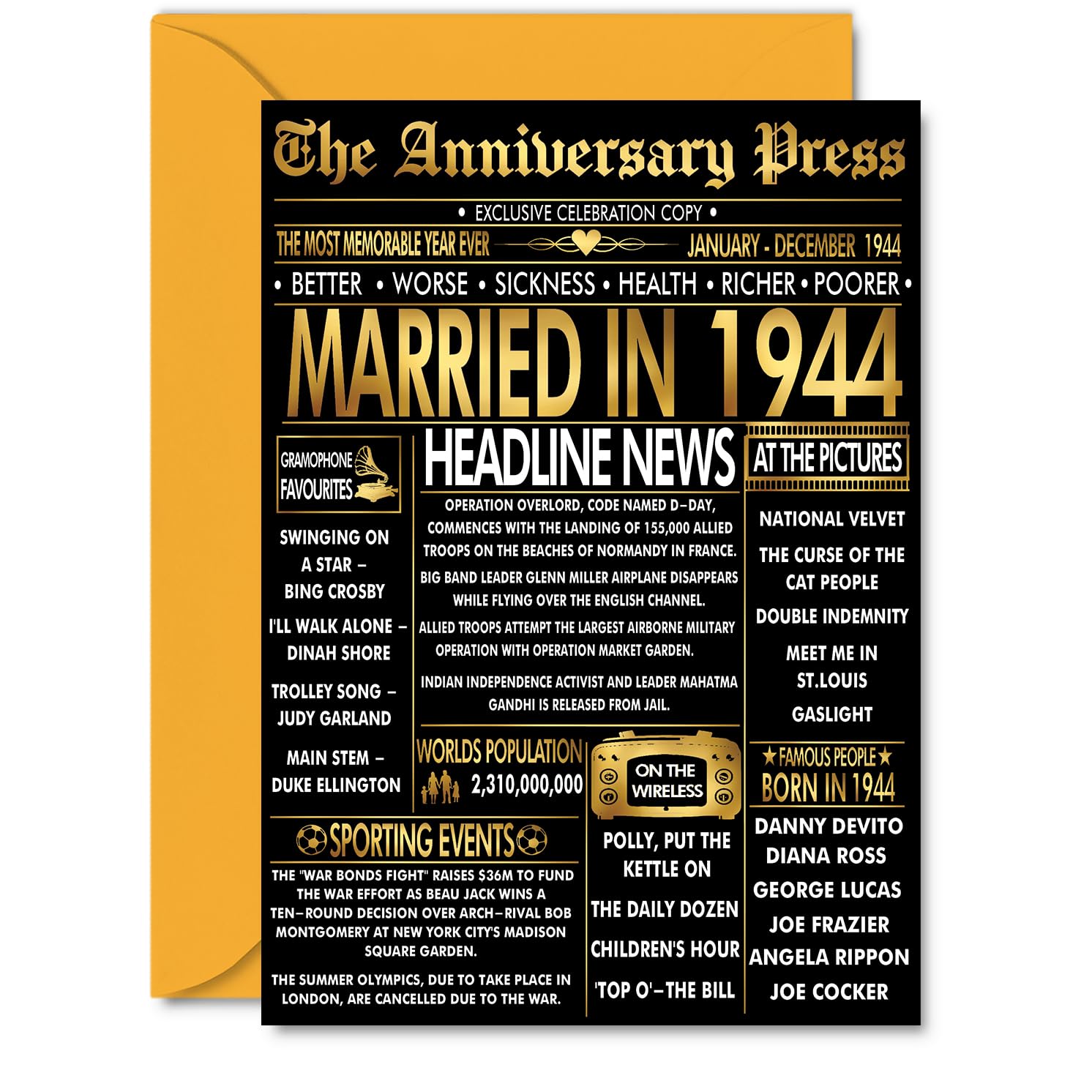 Gold 82nd Anniversary Card for Men Women - Golden Newspaper Married in 1944-82 Year Wedding Anniversary Card for Companion Husband Partner Wife, A5 Anniversaries Greeting Cards