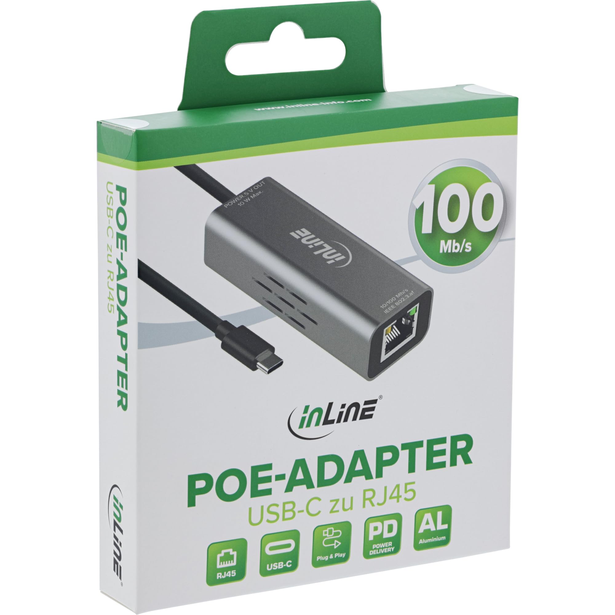 Inline Adattatore USB-C a RJ45 con supporto PoE, 100 Mb/s, protezione da sovratensione, alloggiamento in alluminio, Plug & Play, Power Delivery fino a 10 W, 33380J