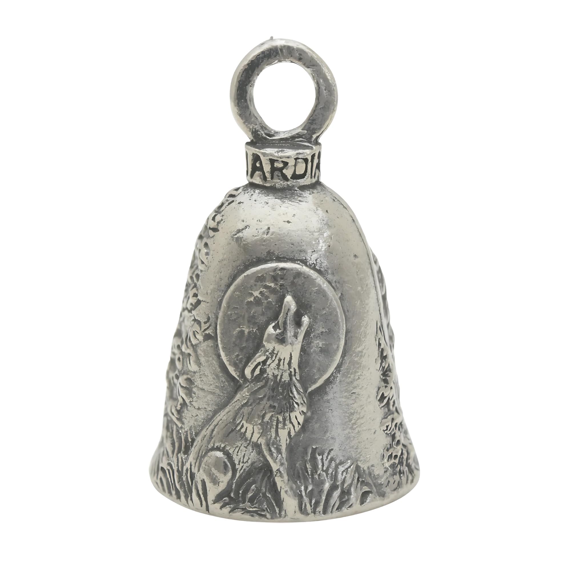 Guardian Bell Animals Good Luck Bell w/Keyring & Black Velvet Gift Bag | Motorcycle Bell | Lead-Free Pewter | Made in USA, Howling Wolf, 1.75"
