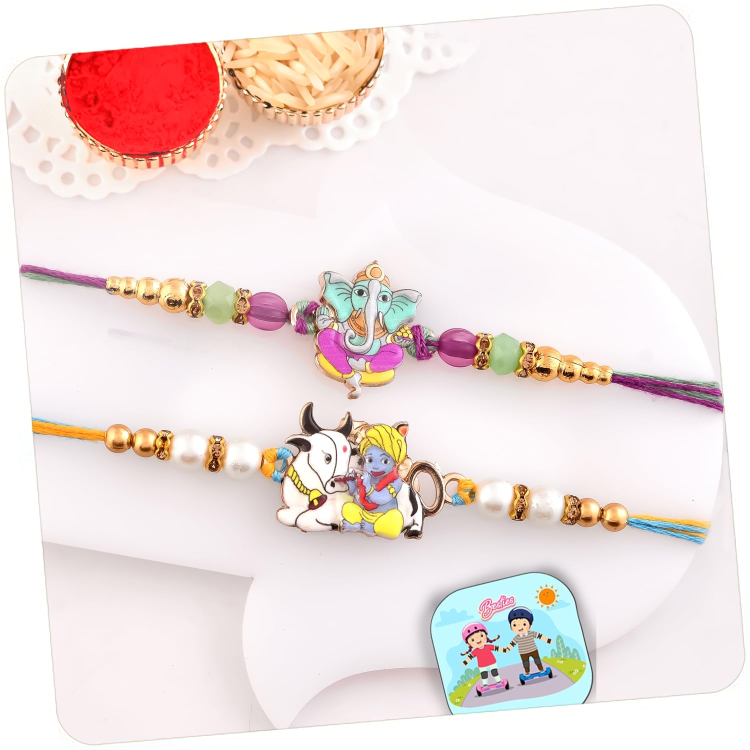 CraftVatika Rakhi Set of 2 for Brother with Gift Combo Set, Designer Rakhi for Brother Boy Men Bhaiya, Premium Rakhis for Rakshabandhan with Best Wishes Card and Tillak Set Fridge Magnet Gift Combo-image-48