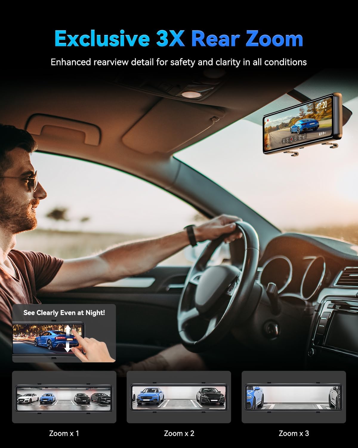 JOMISE T860+ Mirror Dash Cam 4K Front and 2.5K Rear, Detached Front Camera for 10-Minute Install, 3X Zoom Rear View Mirror Camera, 64GB Card Included, Night Vision, WDR, Parking Assist, GPS