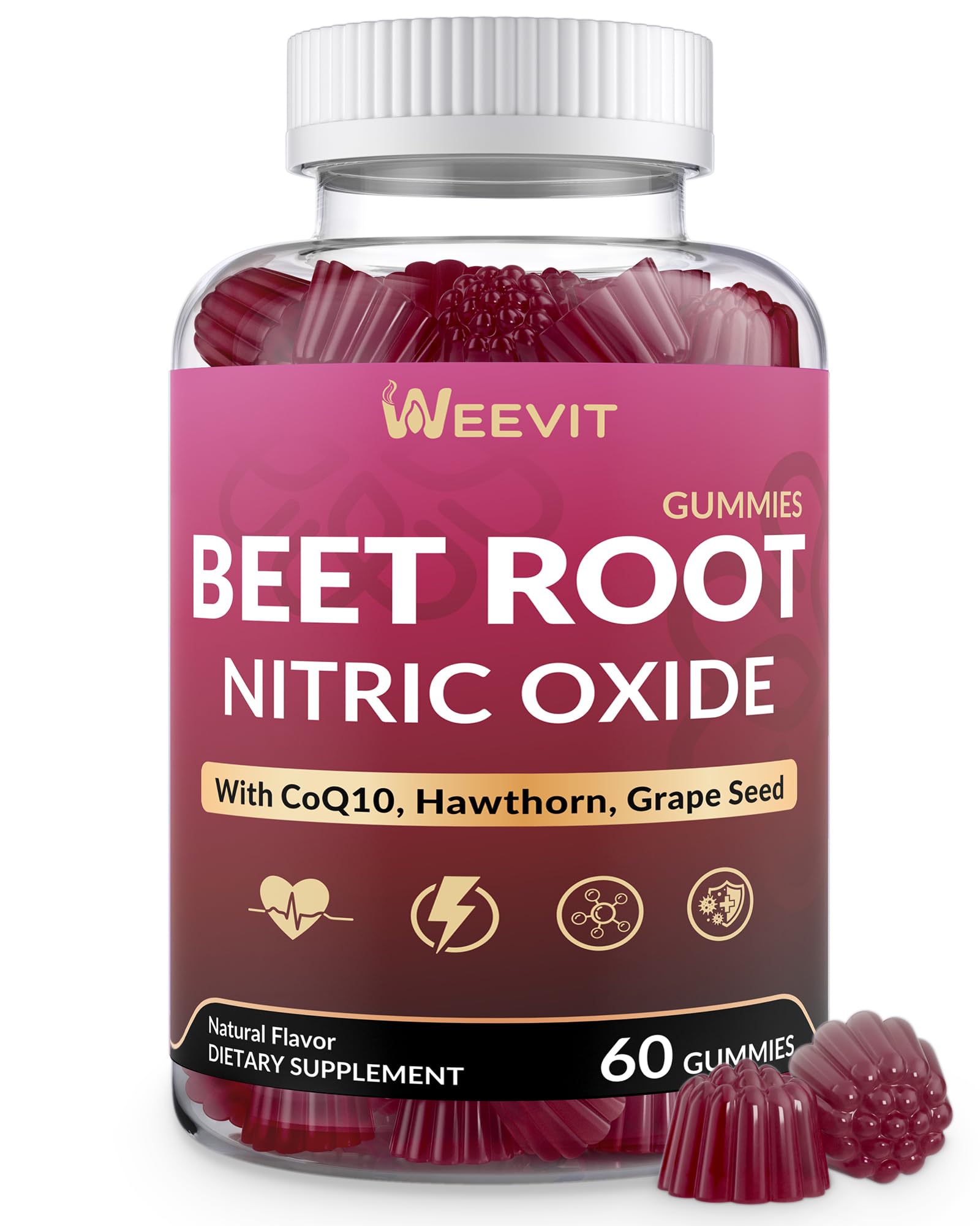 Beet Root Gummies, Beet Chews w/CoQ10, Grape Seed, Hawthorn, Hibiscus | Non-GMO, Vegan 60 Count (Pack of 1)