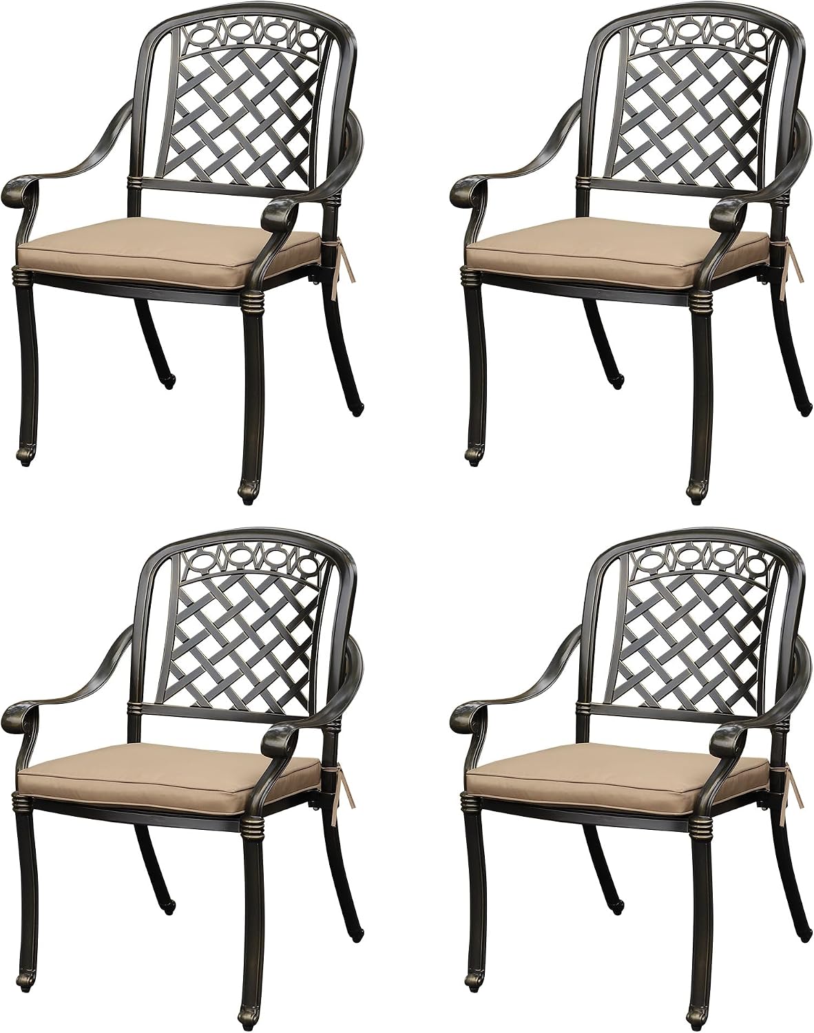 6-PCS Cast Aluminum Patio Dining Chairs, All Weather Patio Bistro Dining Chairs Set of 6 with Armrests & Cushions, Stackable Patio Dining Chairs for Garden, Balcony, Deck, Bronze