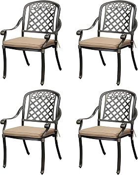4-PCS Cast Aluminum Patio Dining Chairs, All Weather Patio Bistro Dining Chairs Set of 4 with Armrests & Cushions, Stackable Patio Dining Chairs for Garden, Balcony, Deck, Bronze