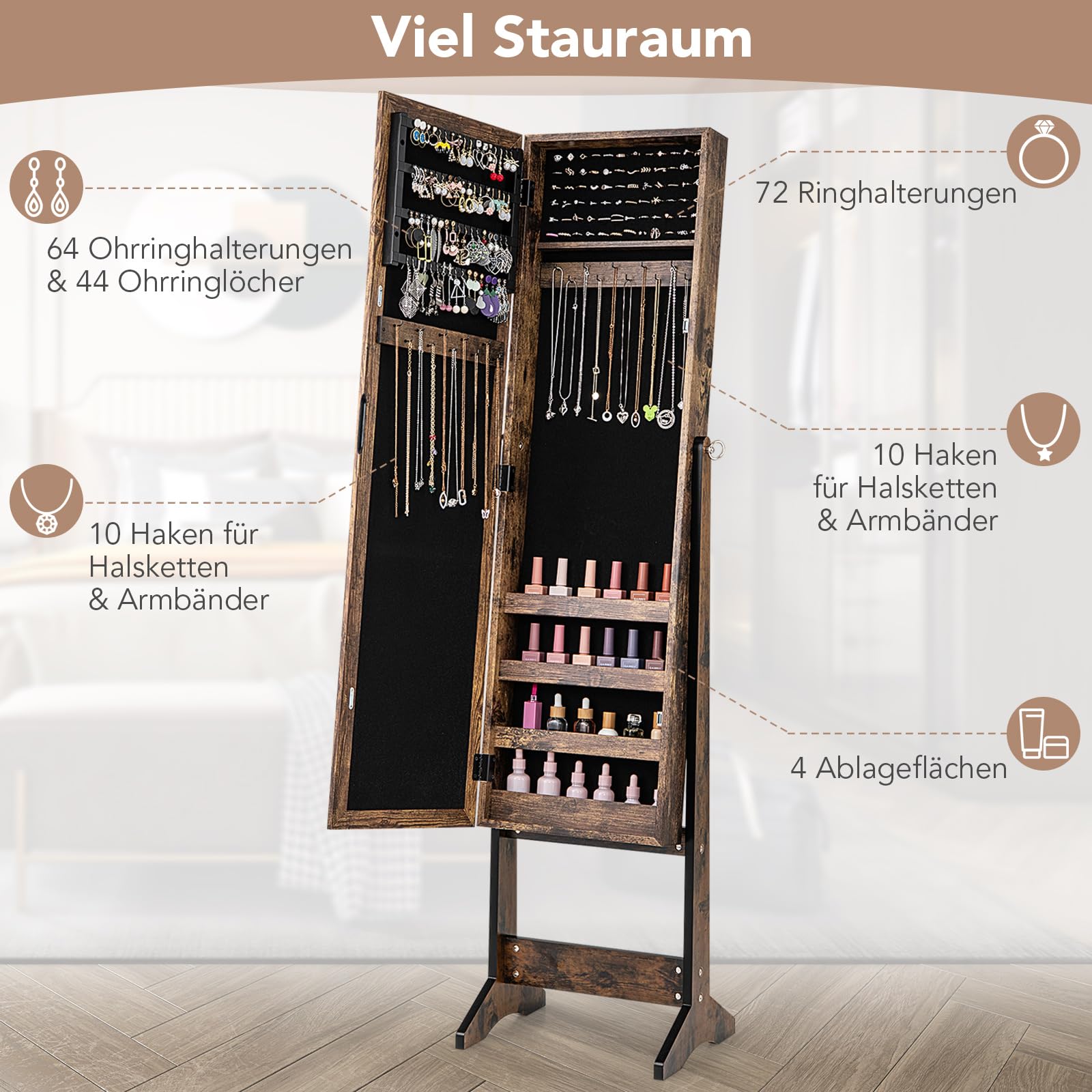 COSTWAY Schmuckschrank neigungsverstellbar, Schmuckregal mit Ganzkörperspiegel, Schmuck Spiegelschrank mit 64 Ohrringschlitzen, 20 Halskettenhaken, 72 Ringschlitzen, 4 Ablagen (Braun)