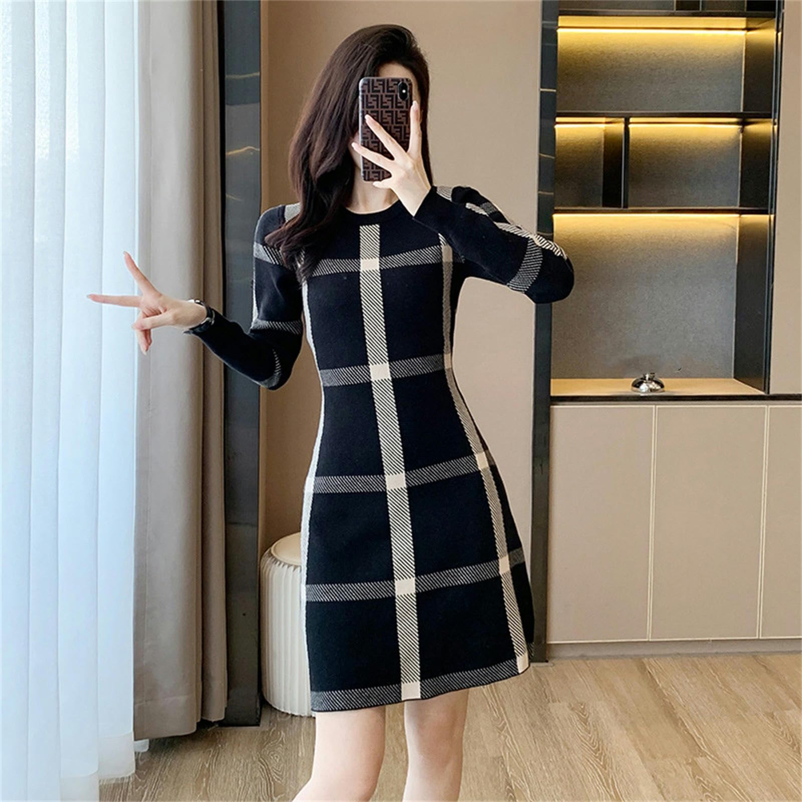 Vestito Donna Autunno Abito in Maglia Scozzese da Donna Autunnale A Maniche Lunghe A Vita Alta con Gonna A Trapezio con Scollo Tondo-Nero-m