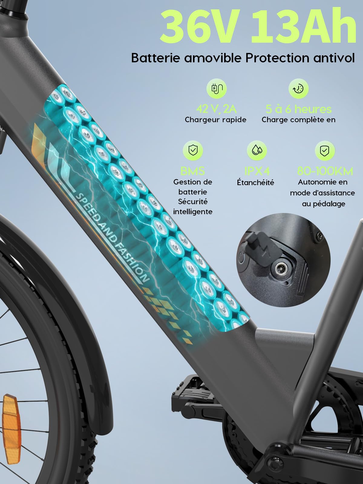 26" E-Bike für Erwachsene, 7 Gang Elektrofahrrad mit Austauschbarem 36V 13Ah Akku, 25 km/h und 80–100km Reichweite für Städtische Pendler