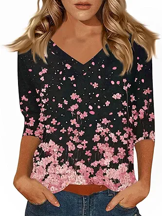 HTHLVMD Womens 3/4 Length Sleeve Tunic Tops Summer Fall Outfits 2025 Three Quarter Sleeve Casual V Neck T Shirts for Women