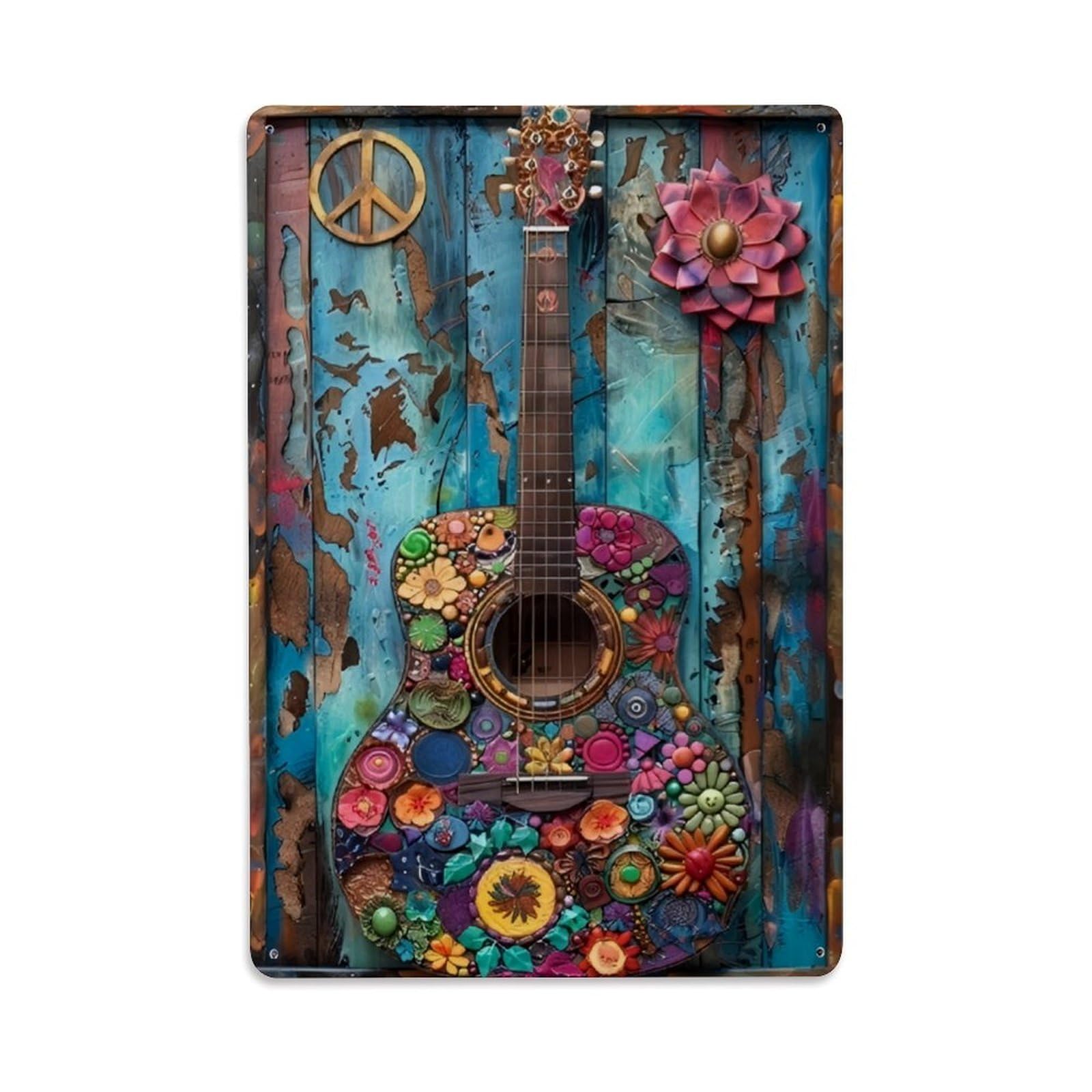 Boho Floral Guitar Peace Art Wall Decor Vintage Aluminium Metal Sign, Retro Wall Decor for Home, Bar, Garage & Farmhouse 30x20cm