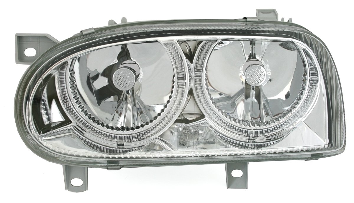 Set di fari Angel Eyes, vetro trasparente cromato, con anelli per luci di posizione.