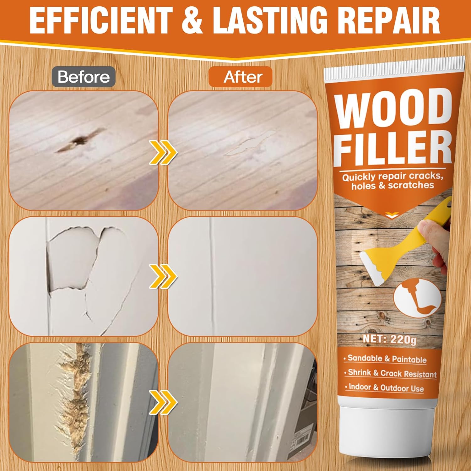 Wood Filler,220g Paintable & Sandable Wood Putty –Low Odor, Shrink & Crack Resistant-Quick Repair for Cracks, Holes and Damage-For Indoor & Outdoor Wood Repair(White)