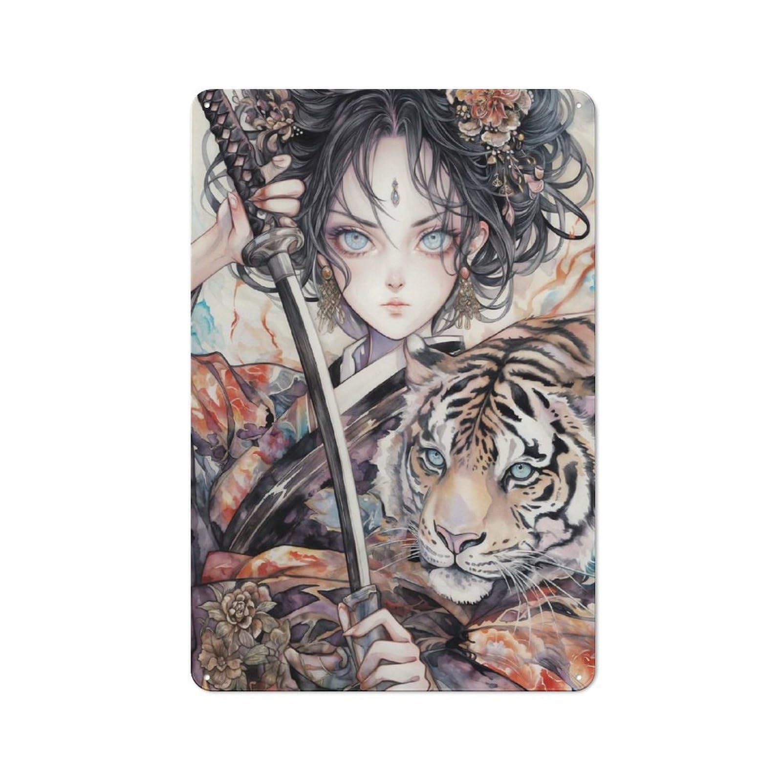 Tiger Geisha Metal Wall Plaque 30x20cm, Character Room Wall Plaque for Hallway, Home Bar, Garage Or Study