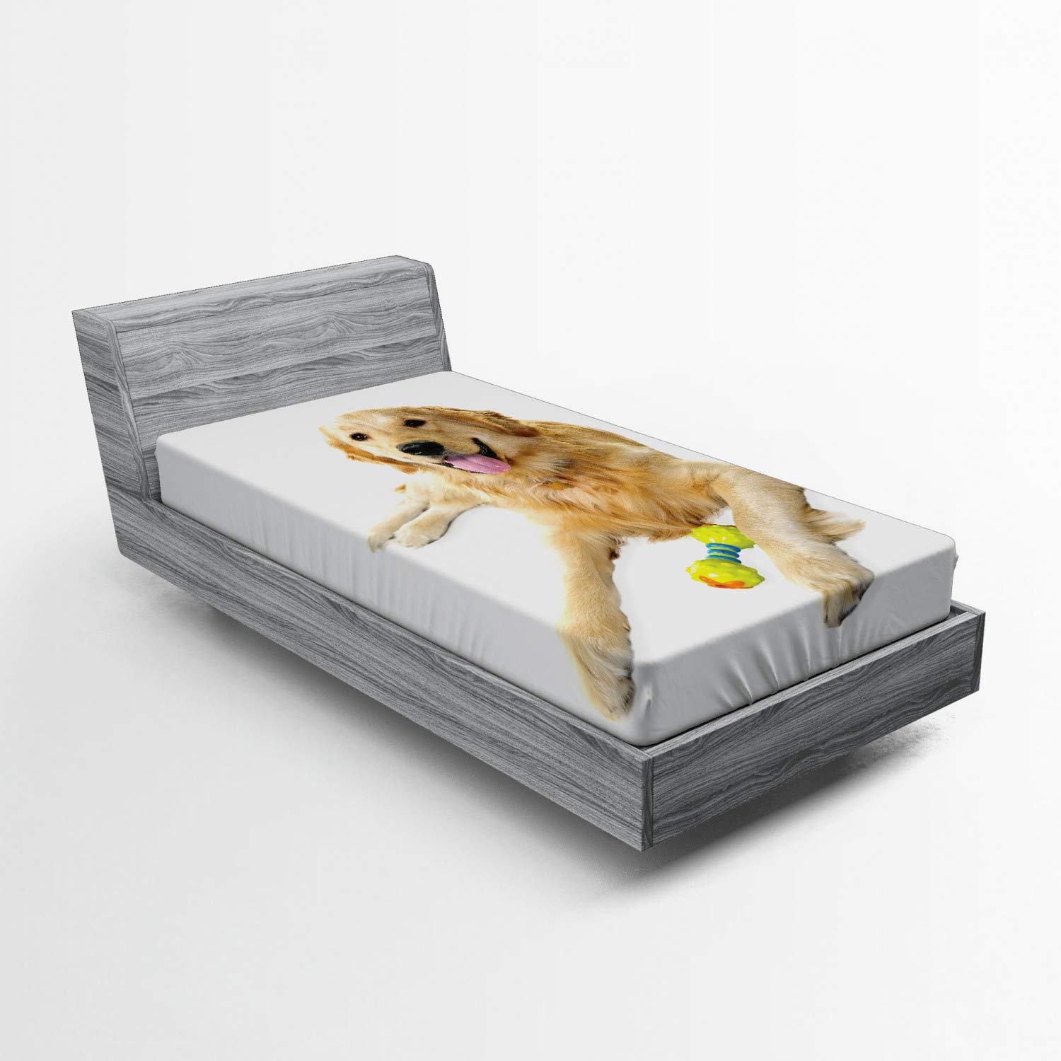 Ambesonne Golden Retriever Fitted Sheet, Pet Dog Laying Down with Toy Friendly Domestic Puppy Playful Companion, Bed Cover with All-Round Elastic Deep Pocket for Comfort, Twin XL Size, Sand Brown