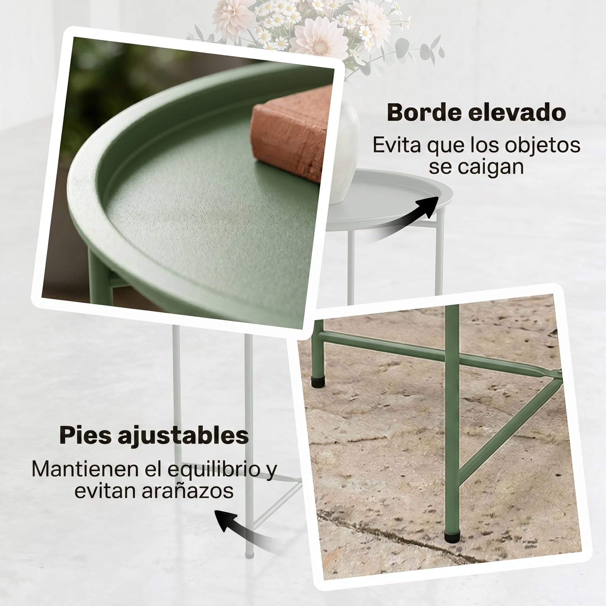Outsunny Mesa Auxiliar Redonda Mesa de Jardín Exterior con Bandeja Extraíble Patas Plegables Mesa para Exterior Terraza Patio Ø46x53 cm Verde
