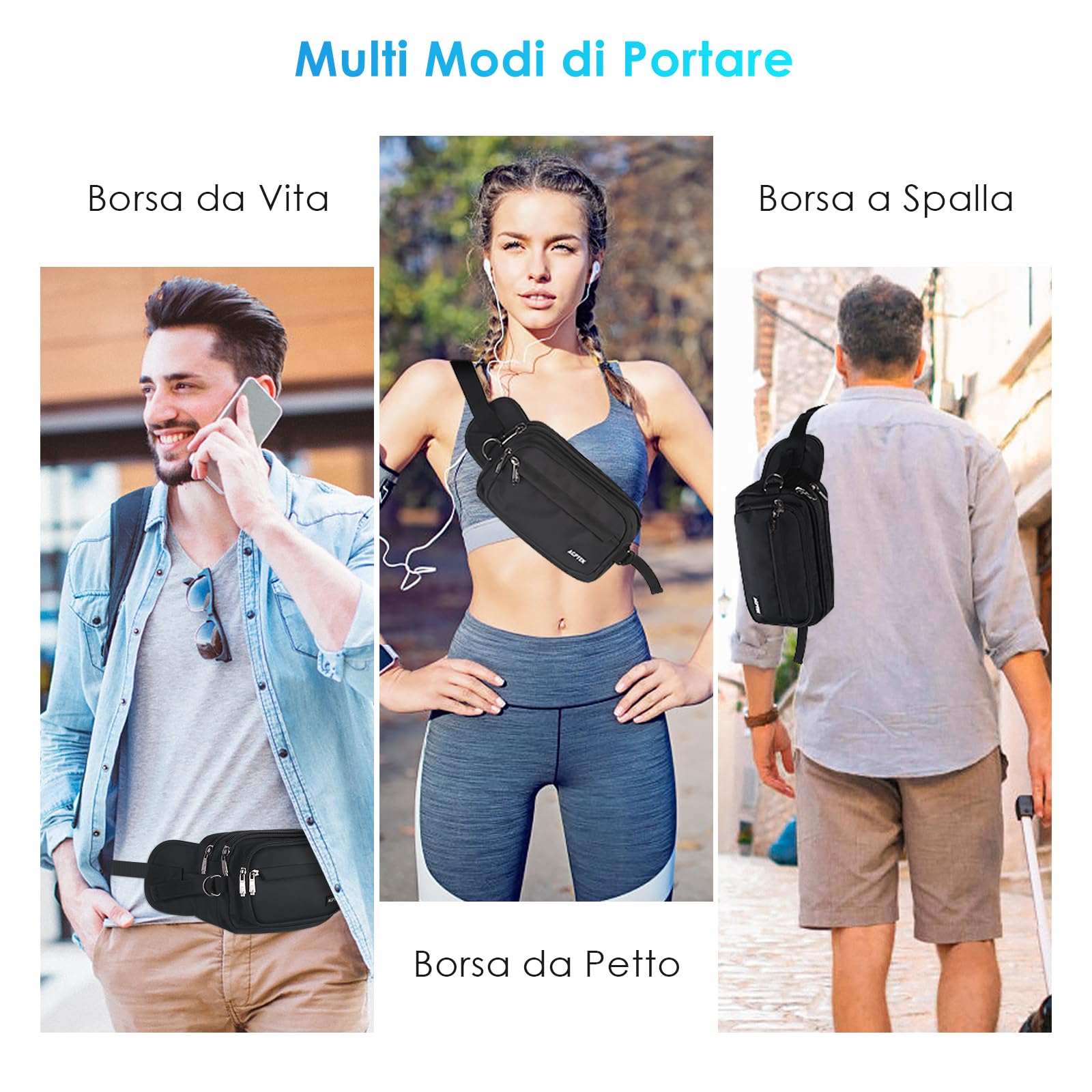 AGPTEK Marsupio Sportivo Uomo Donna 5 Tasche Lavoro Grande RFID Portasoldi Cintura Regolabile Corsa Campeggio Viaggio