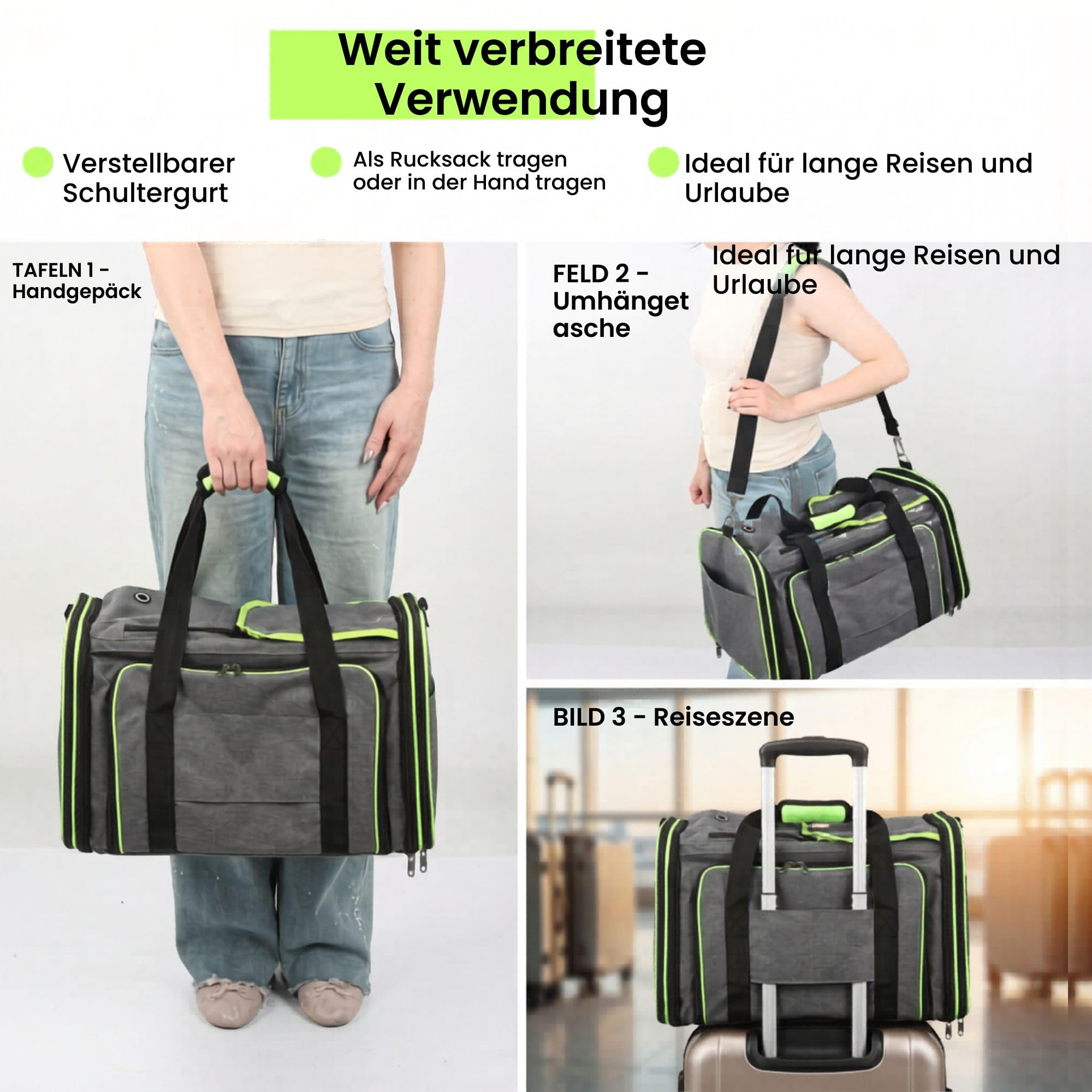 SOLDAY Erweiterbare Katzentransportbox für 2 Katzen, Flugtauglich, 8 kg | Faltbare Katzen Transportboxen, 2-seitige Erweiterung, Multi Eingänge, selbstsichernde Reißverschlüsse, 48x30x31cm, Grau-Grün