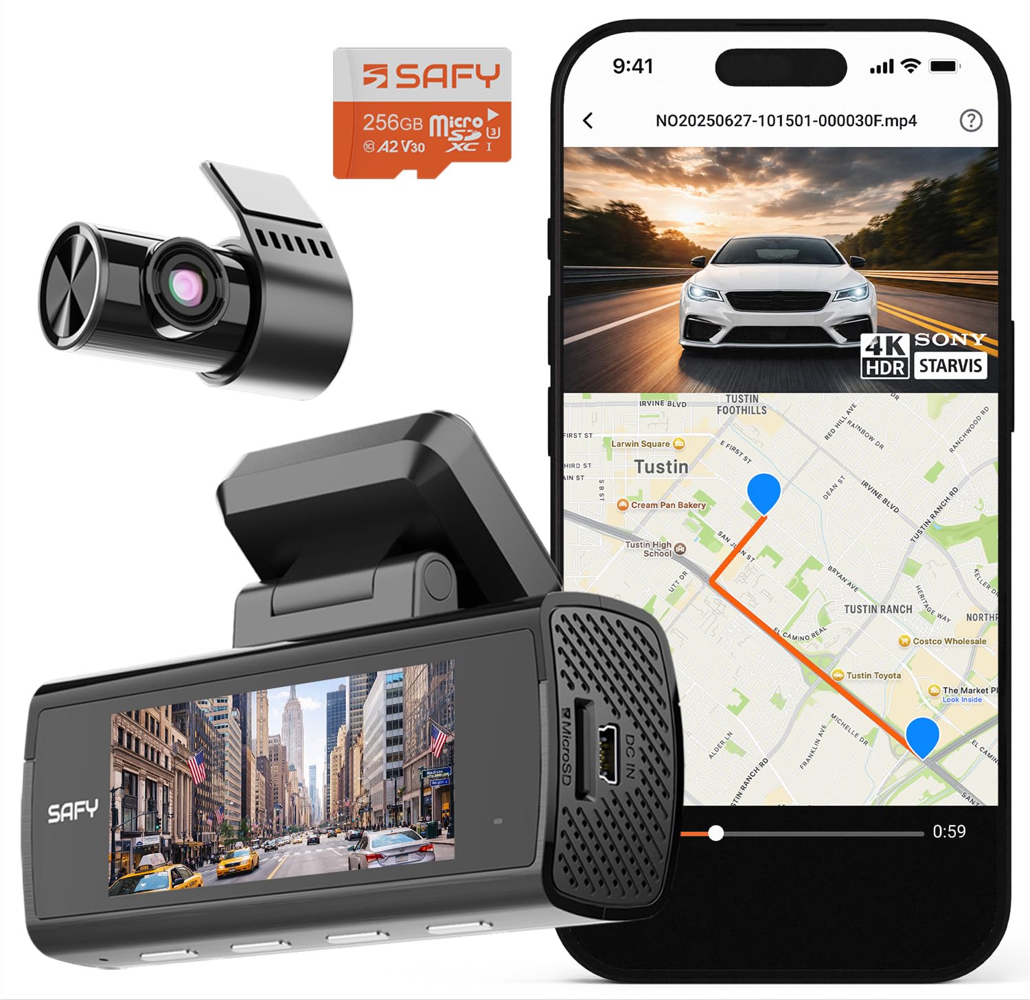 BlackVue SAFY 9, 4K+1080P Dash Cam Front and Rear, STARVIS, Free 256GB Card
