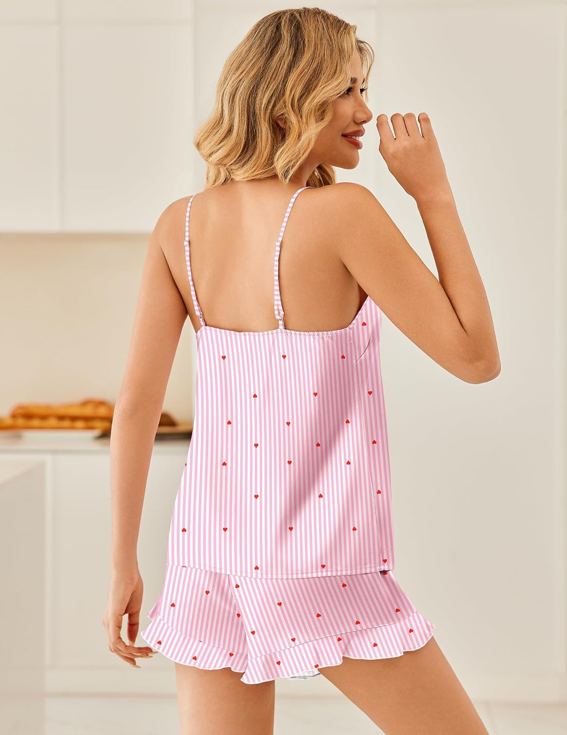 Ekouaer Satin Pajama Set Women Lingerie Pjs Camisole Top and Shorts with Ruffle Sleepwear - Image 4