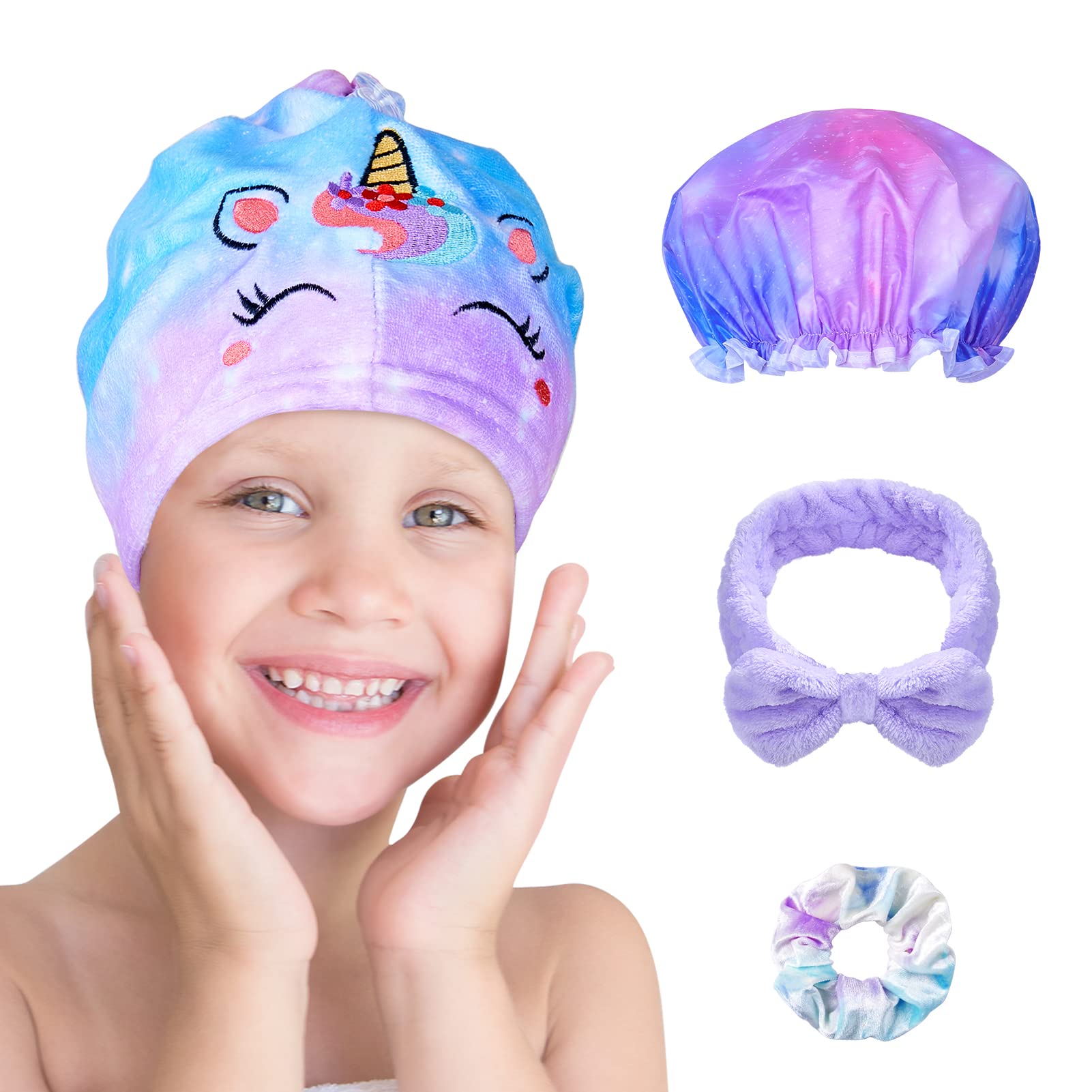 Beinou Microfiber Hair Towel Unicorn Hair Towel Wrap Set with Shower Cap Hair Scrunchies and Headband for Washing Face Wet Hair Rapid Drying Towel for Girls