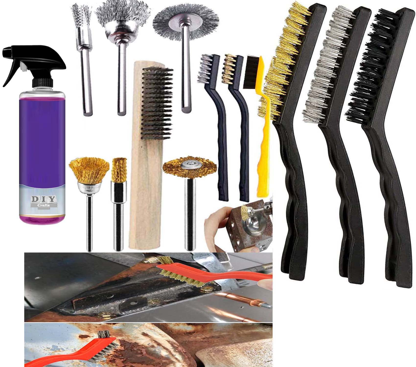 DIY Crafts Carborator Engine Cleaning Kit, 17x 3-9" inch 6X Mini Wire Brushes 4X Medium 3X Big Metal Brass Wire Brushes Brass Curved Handle Scratch for Rust Dirt Included Cleaning Compound (1x Kit)