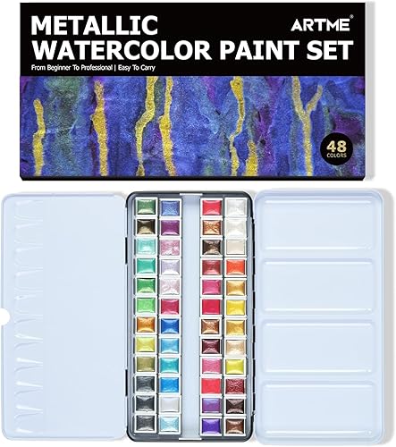 ARTSY Juego de pintura de acuarela metálica, 48 colores de purpurina en una caja de metal con paleta perfecta para artistas, aficionados,