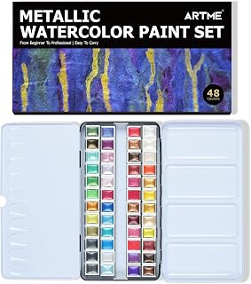 ARTSY Metallic Watercolor Paint Set – 48 Glitter Colors in A Metal Case with Palette Perfect for Artists, Hobbyists, Students, Beginners