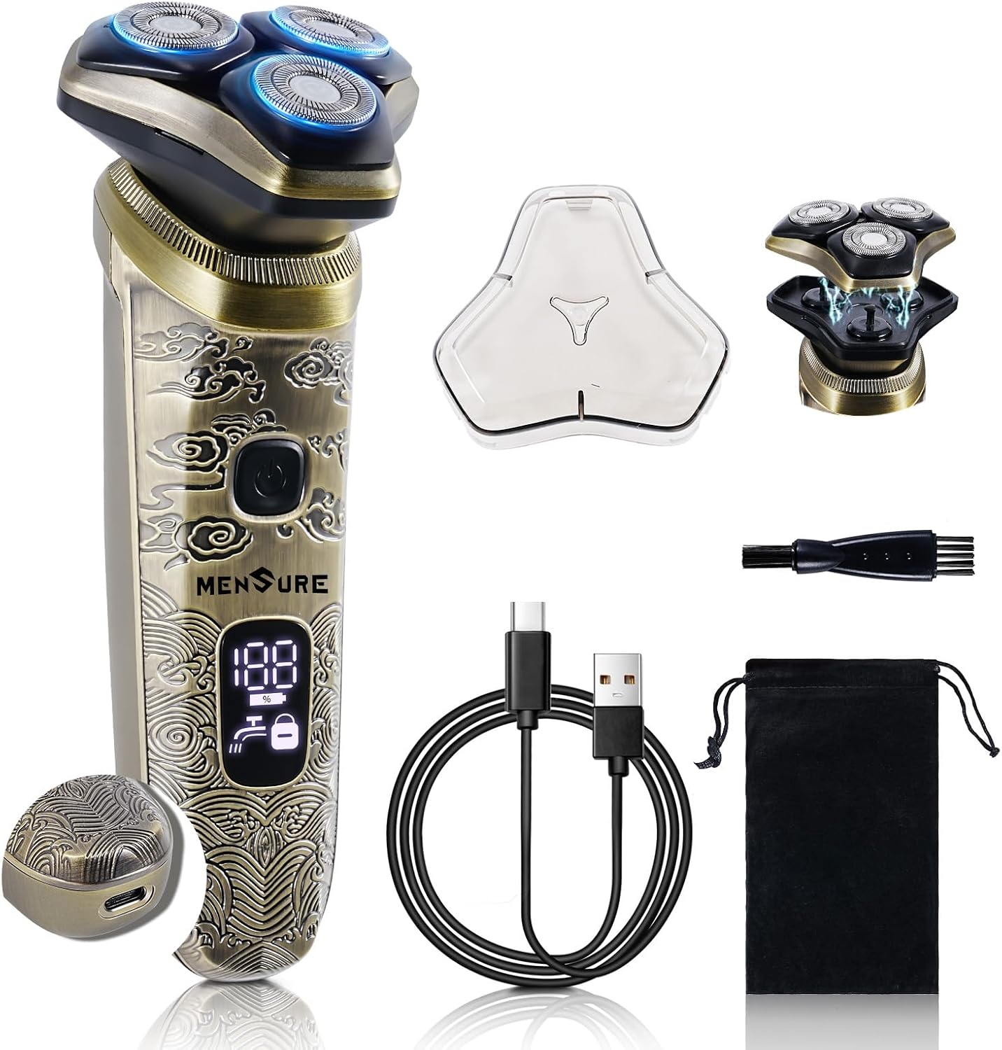 MENSURE Electric Razor for Men, Rechargeable Electric Shavers with Pop-up Trimmer, IPX7 Waterproof Cordless Shavers, Type-C, LED Display, Travel-Friendly, Gift for Men, Gold