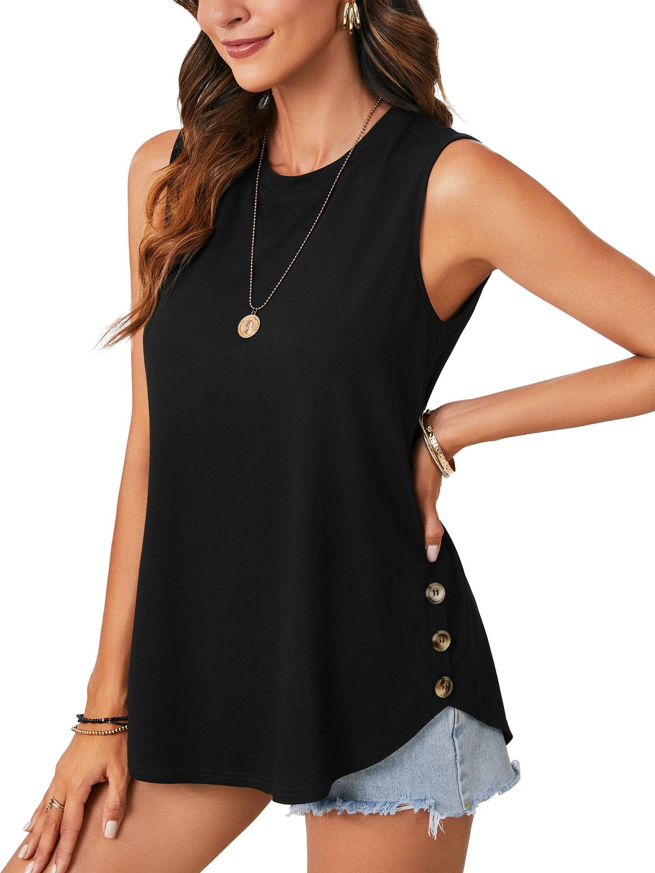 LYANER Women's Crew Neck Ruffle Sleveeless Button Slit Side Casual Tank Top Shirts Blouse