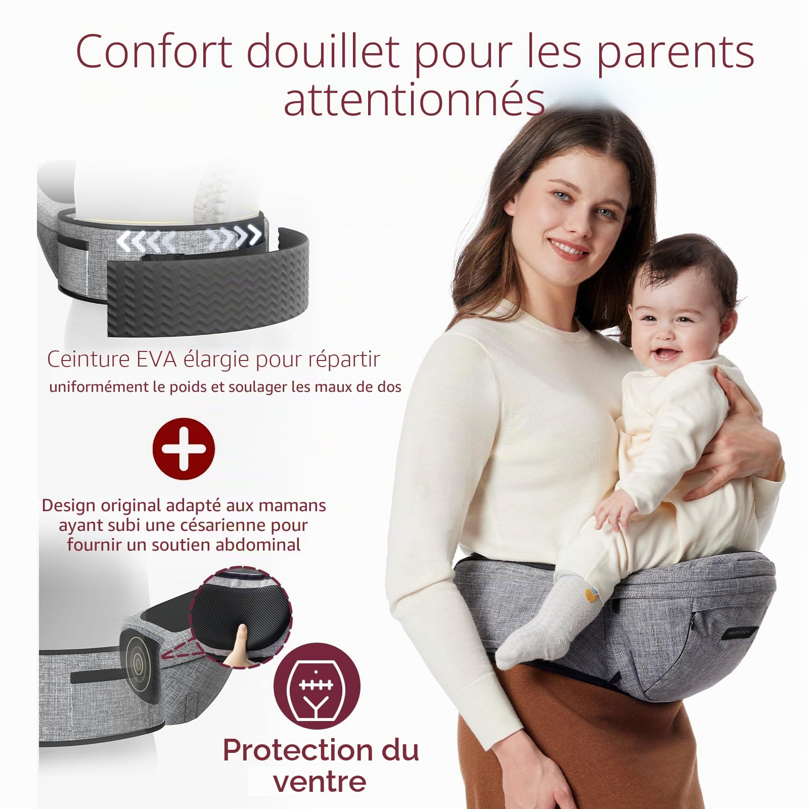 Momcozy Hip Seat Porte-bébé – Ceinture réglable avec protection ventrale 3D d'origine, porte-bébé ergonomique avec diverses poches, pour nouveau-nés et tout-petits jusqu'à 20,4 kg (gris, taille M)