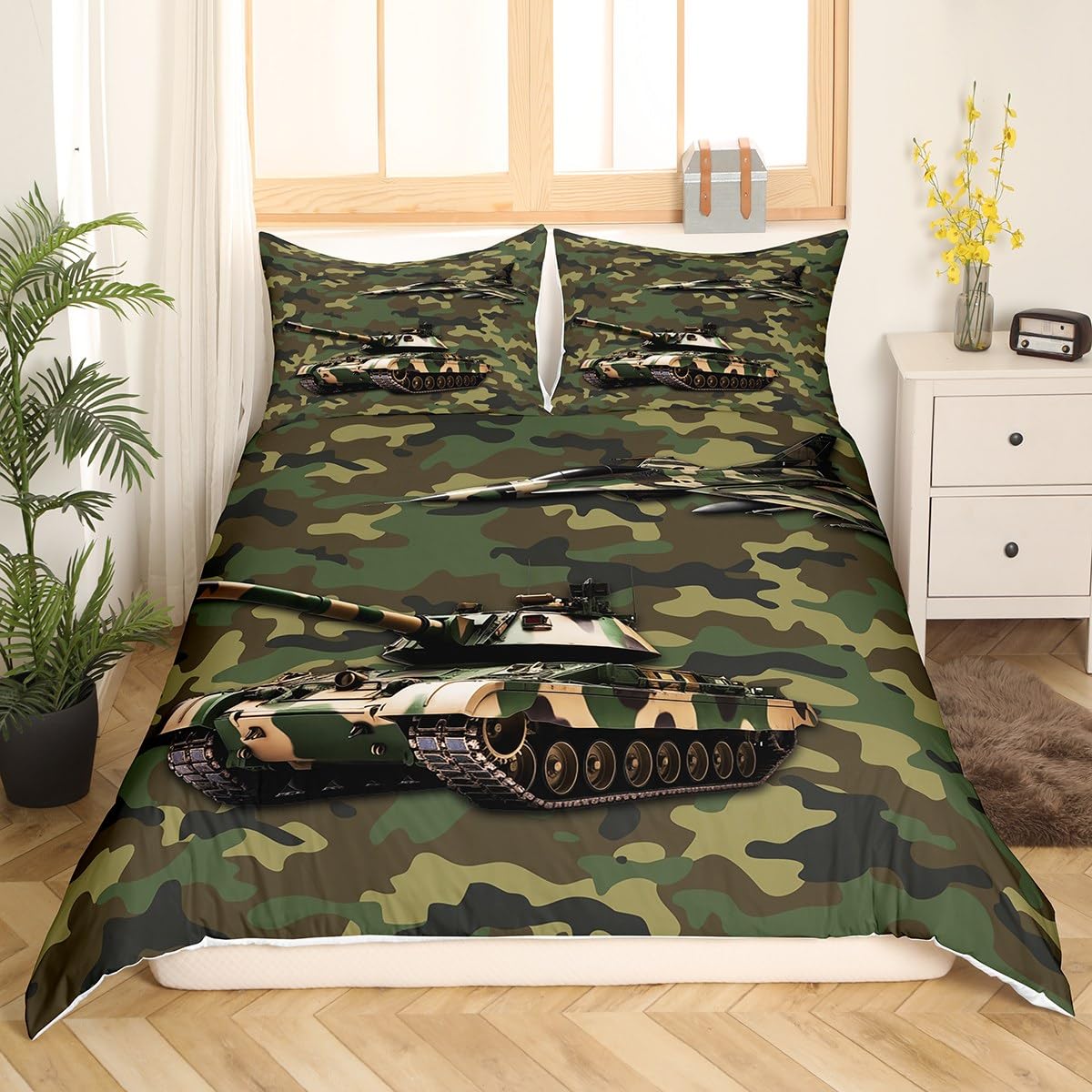Aircraft Duvet Cover Set Double Size, Army Camo Tank Airplane Comforter Cover with 2 Pillowcases - Image 3