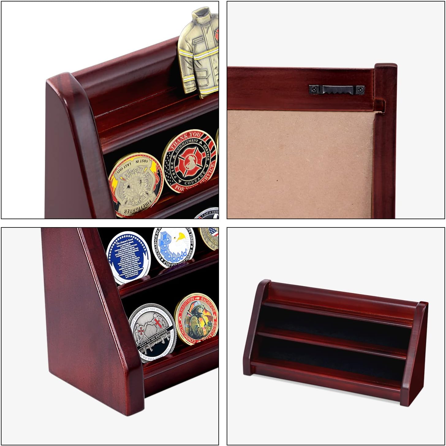 AtSKnSK 3 Rows Shelf Challenge Coin Display Stand Casino Chip Holder Rack, Mahogany Finish