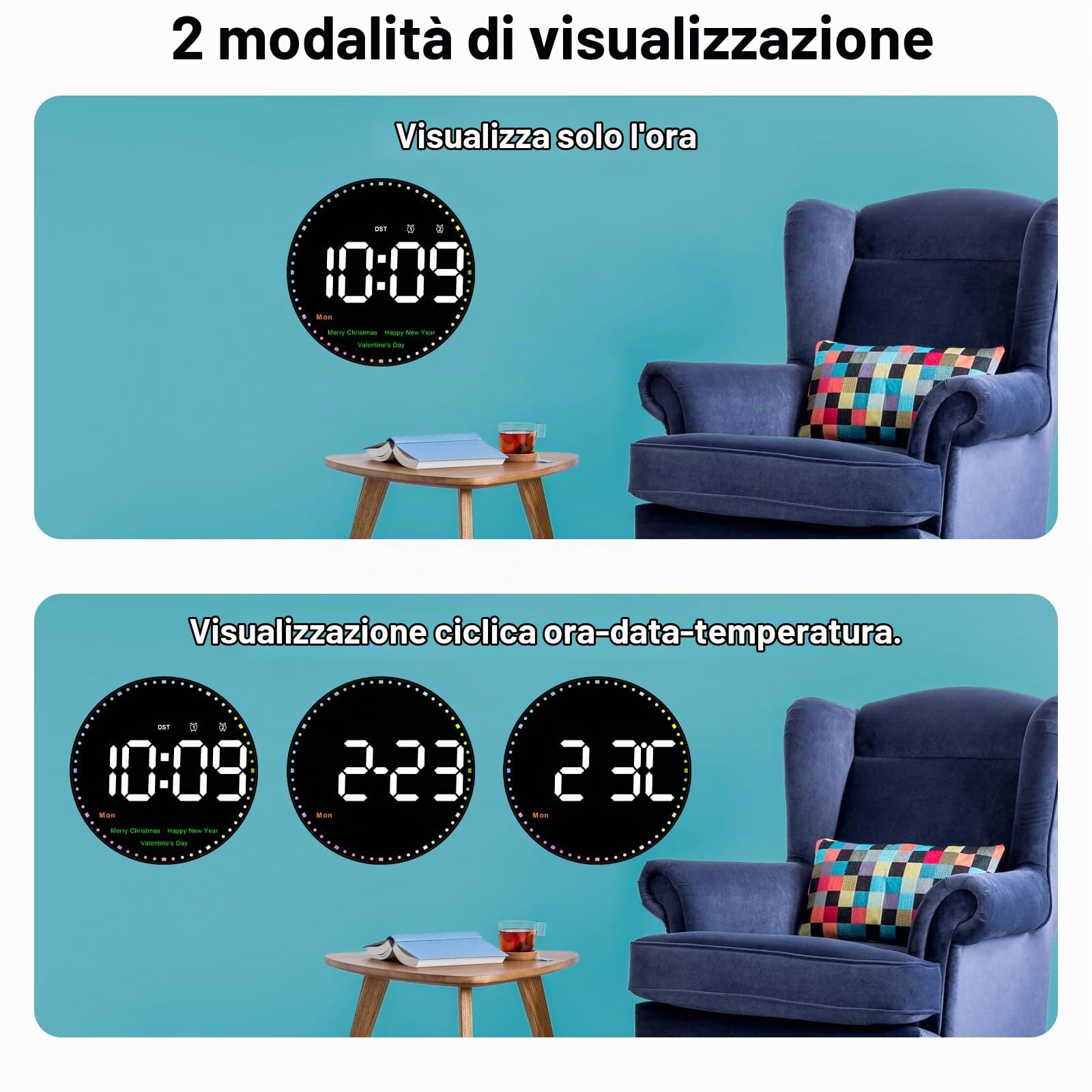 Orologio da parete digitale rotondo grande da 10" con telecomando, orologio digitale con 2 allarmi/temperatura/data/ora/festival/luminosità regolabile/conto alla rovescia per casa, palestra