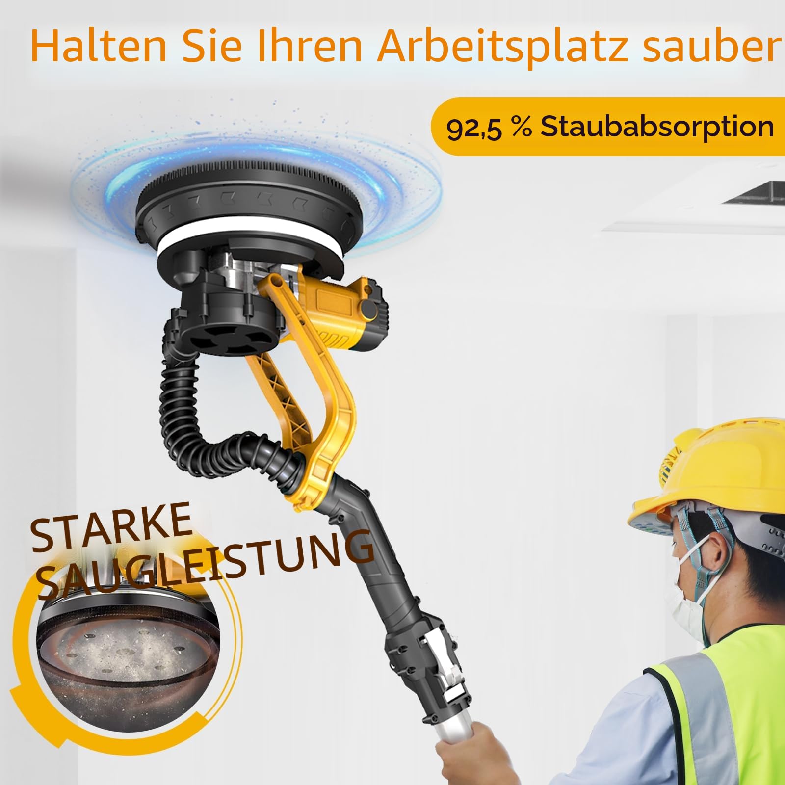 Trockenbauschleifer (880W), Schleifer mit doppelter LED-Beleuchtung, 5 variable Geschwindigkeiten, 1000-2100 U/min elektrischer Trockenbauschleifer mit 12 Schleifscheiben und Staubabsaugbeutel