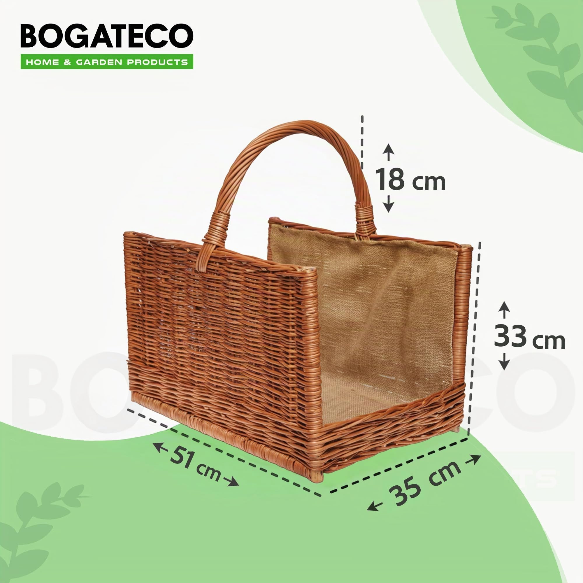 BOGATECO Panier en osier avec poignée carrée | Grand panier à bois 51X35X33 | Tissé à la main | Panier en bois doublé de jute | Panier à bois de chauffage