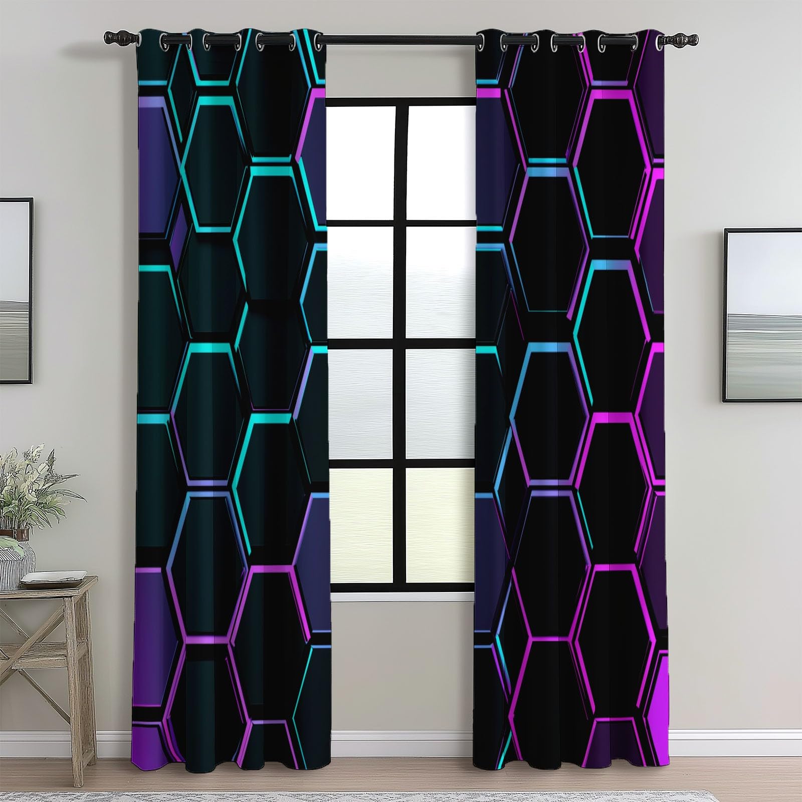 Rideaux Opaques Isolation Thermique 110x215 cm 2 Panneaux Hexagone Géométrique Moderne Noir Violet